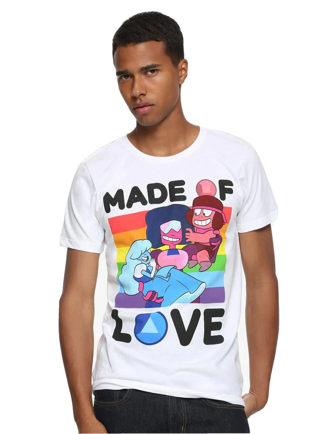 Steven Universe Mens Made Of Love Garnet, Ruby, Sapphire Rainbow Shirt NWT S