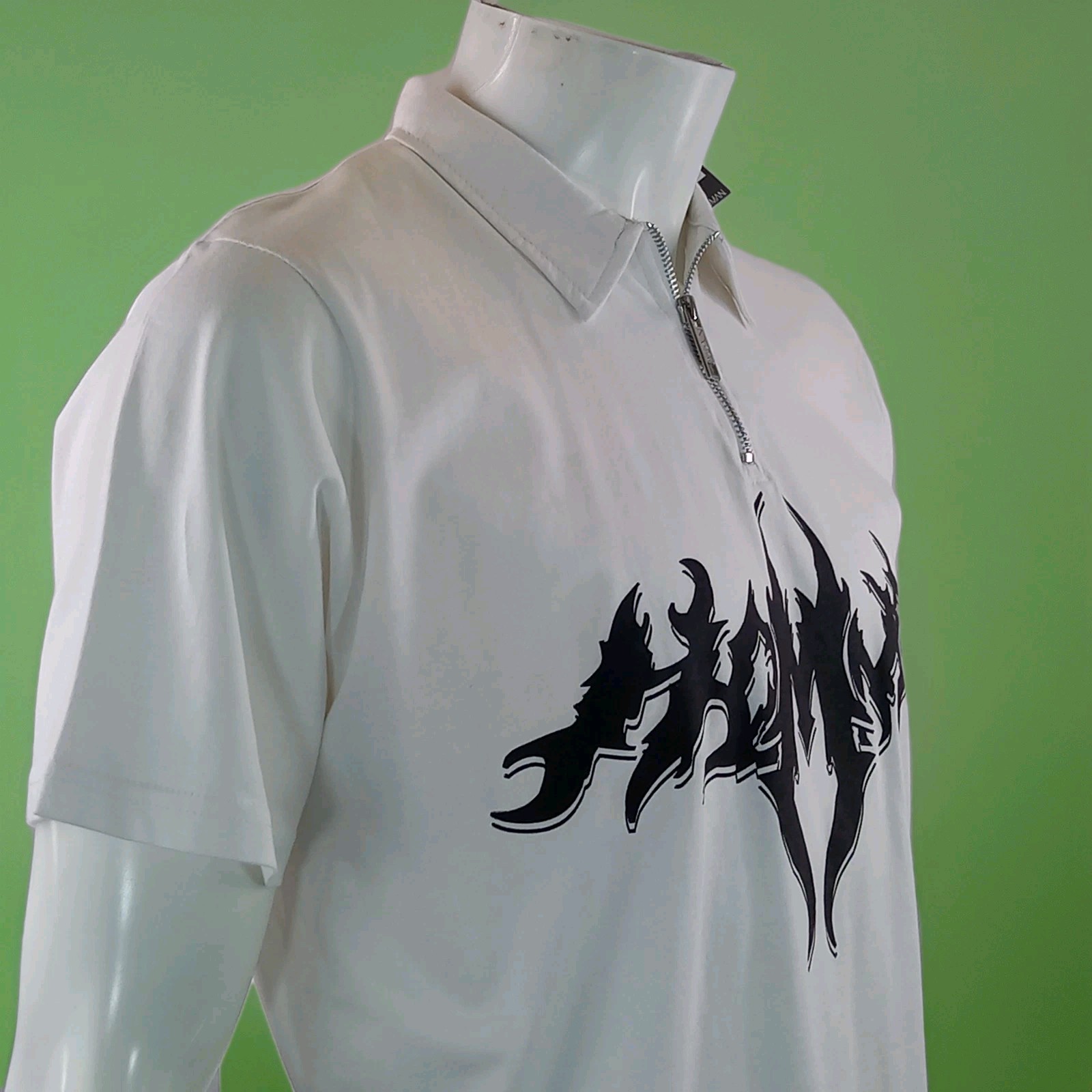 Boohoo Man White Slim Zip Polo Shirt NEW Black Dragon ? Print Large 100% Cotton
