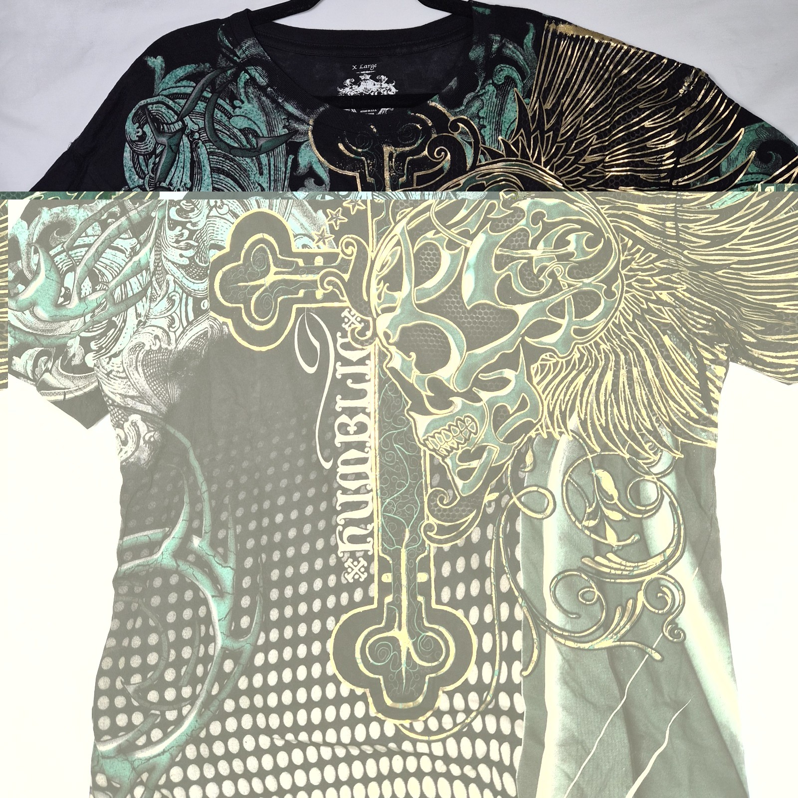 Last Hold Skull Cross Graphic T-Shirt Mens XL Black Green Gold Foil Gothic…