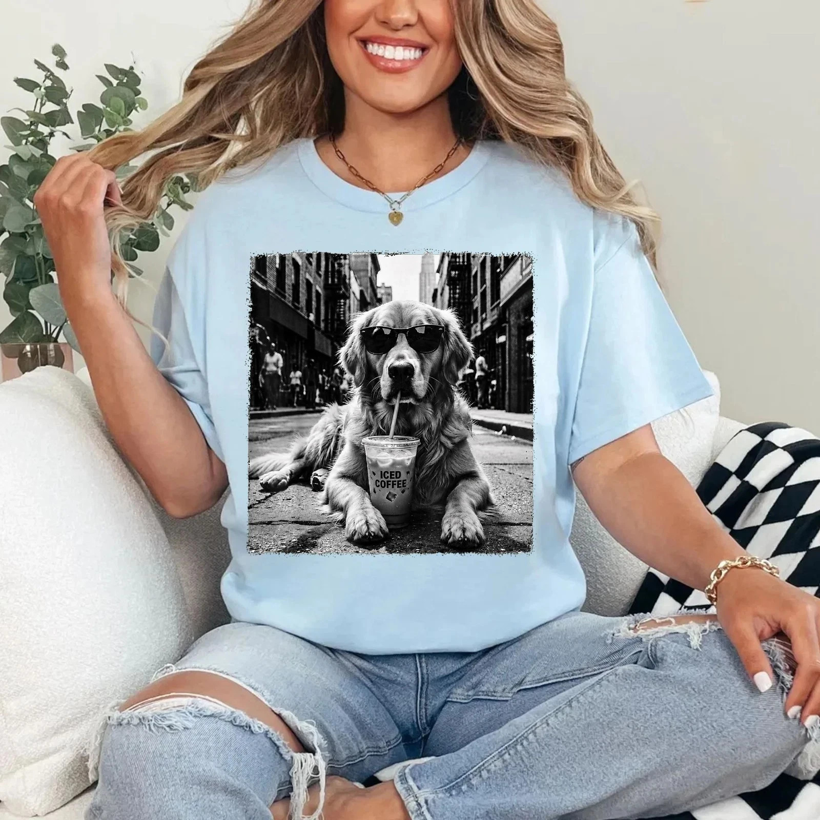 Golden Retriever Drinking Iced Milk Coffee Dog Lover Art Humor Unisex T-Shirt