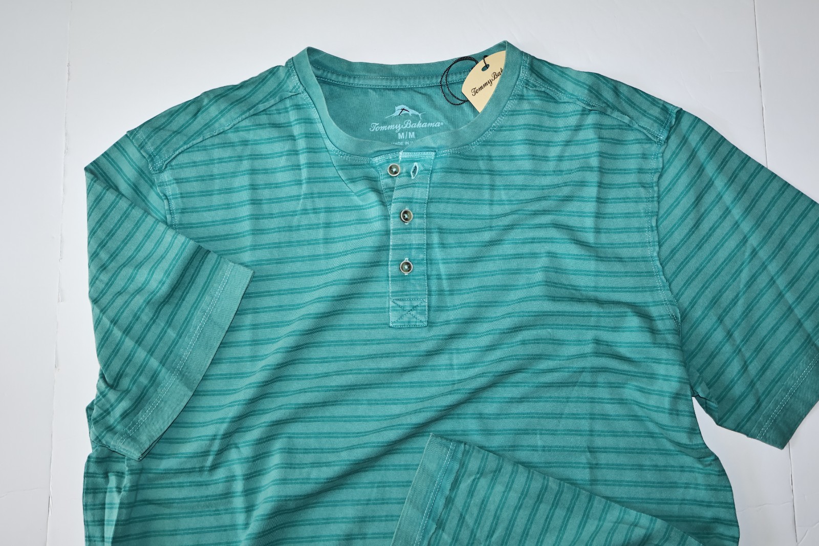 Tommy Bahama Tee Shirt Porter Stripe Henley Jade Blue New SS Medium M