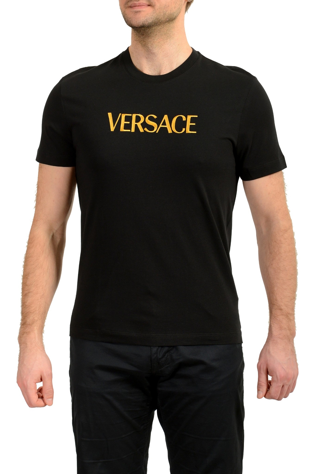 Versace Men’s Black Short Sleeve Gold Logo Embroidery T-Shirt US L IT 52
