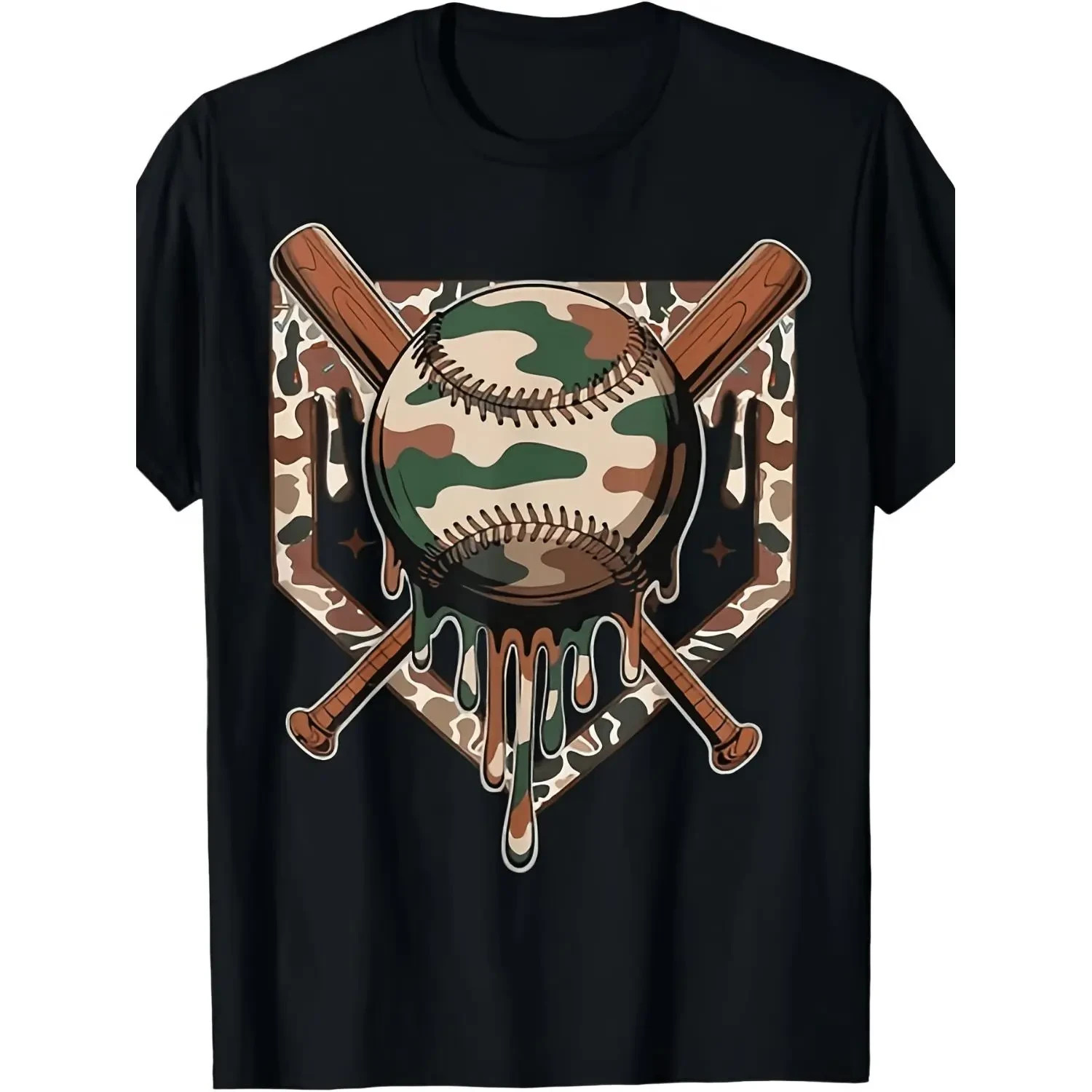 Boys Baseball Drip Ice Cream Camo T-Shirt Trendy Street Style Cotton Tee