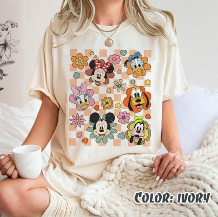 Vintage Floral Disney Mickey and Friends Checkered Shirt Disney Family Shirt