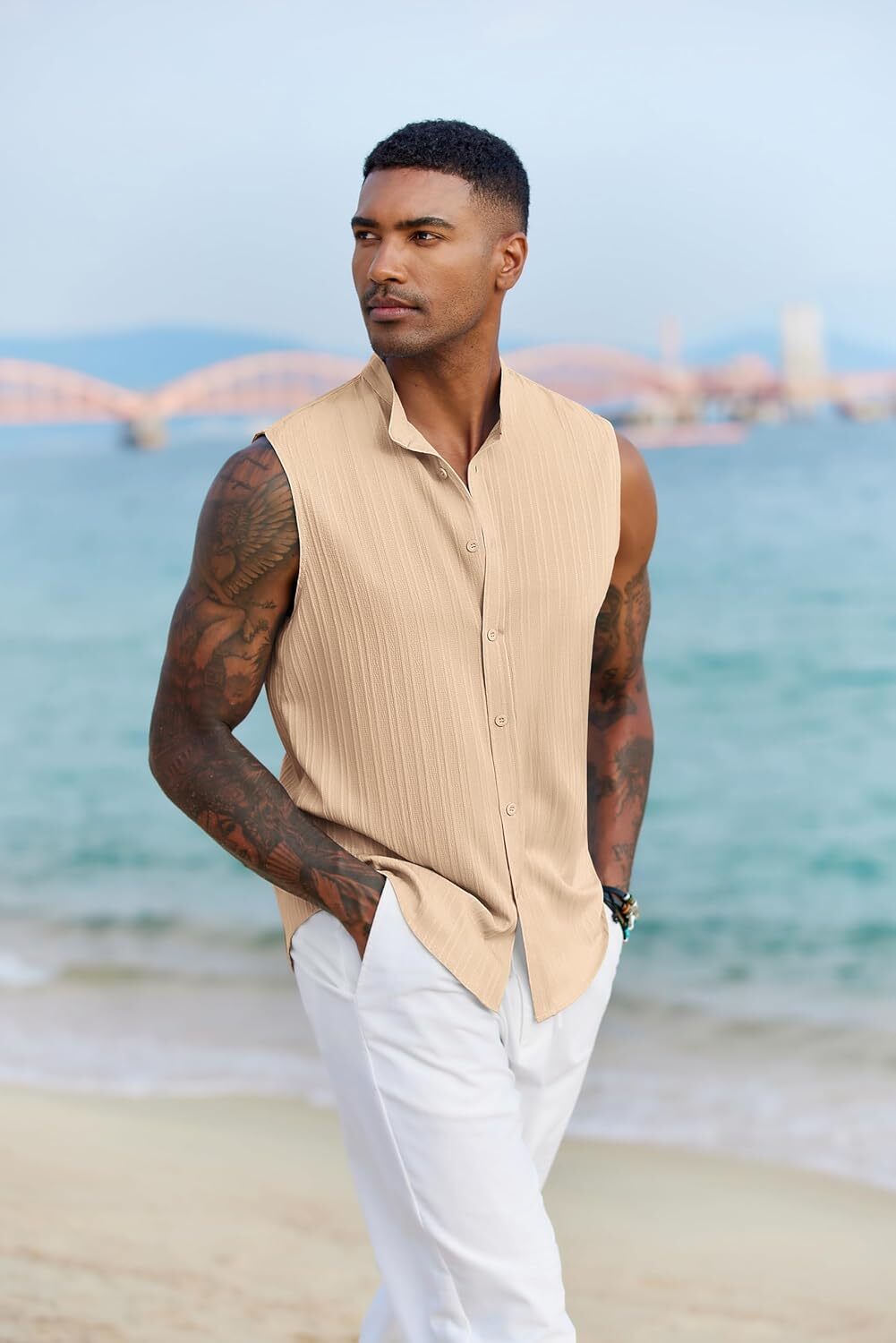 Mens Sleeveless Summer Shirts Beach Tank Tops Button Up Tank Shirt for Vacation