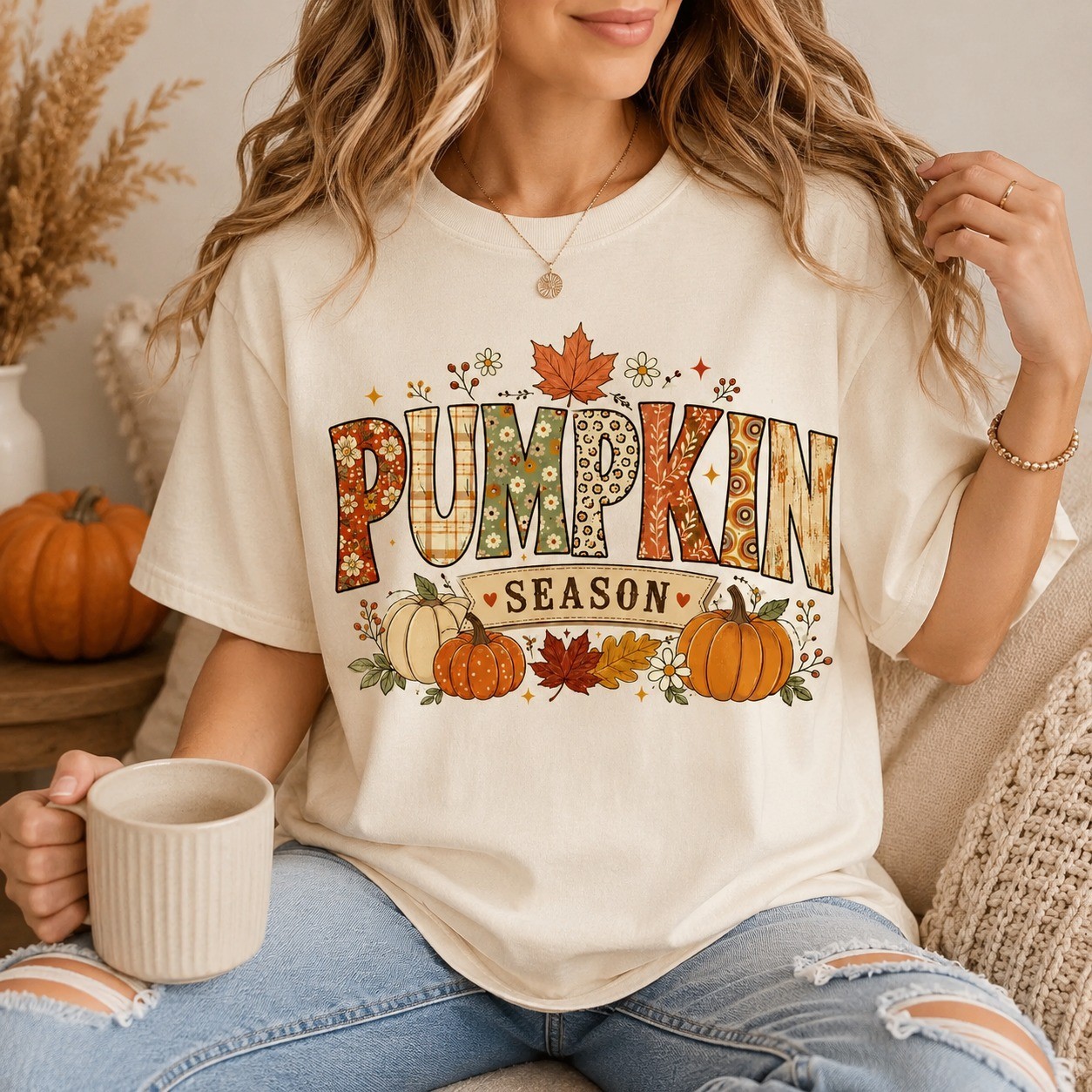 Pumpkin Patch Shirt Autumn Floral Graphic Tee Fall Thanksgiving Gift Women