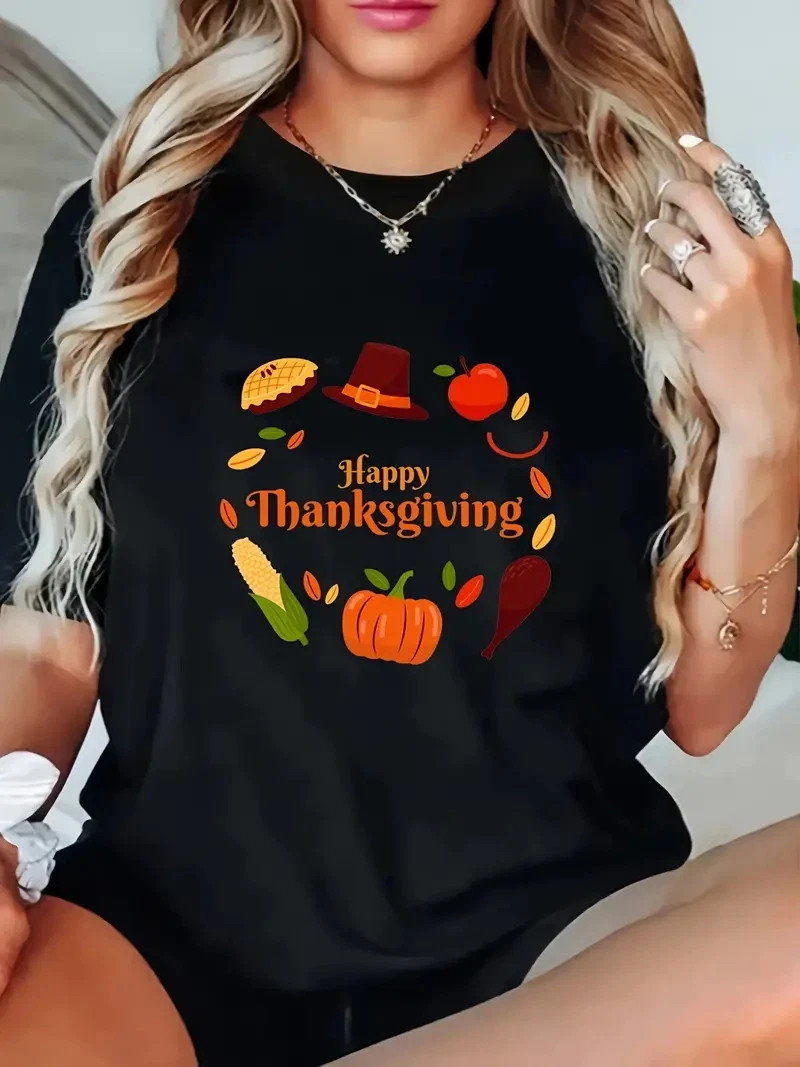 Thanksgiving Graphic T-Shirt – Happy Thanksgiving Text with Turkey, Pump