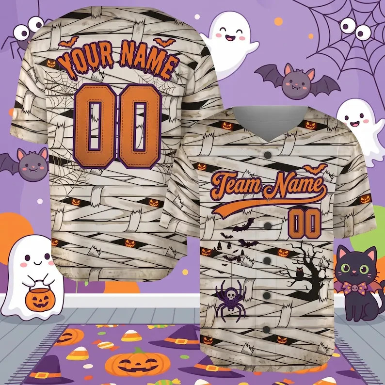 Custom Halloween Mummy Wrap Baseball Jersey Personalized Name Number Shirt Kids
