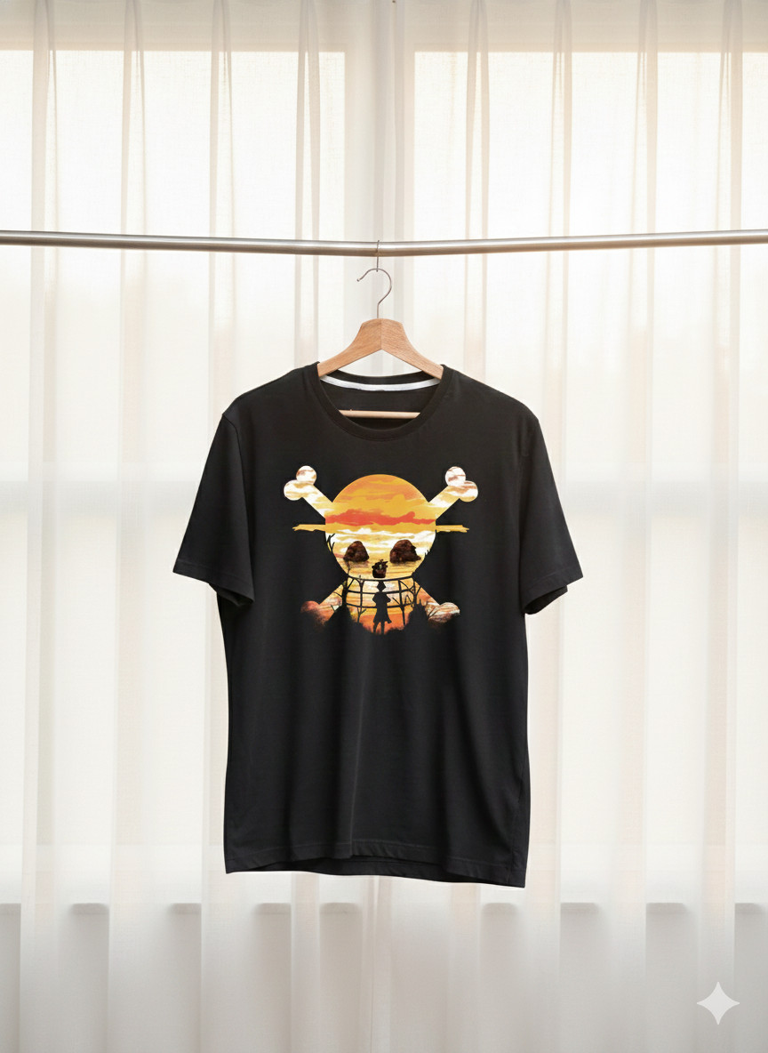 One Piece Skull Sunset Graphic T-Shirt Black Anime Pirate Luffy Style – T719