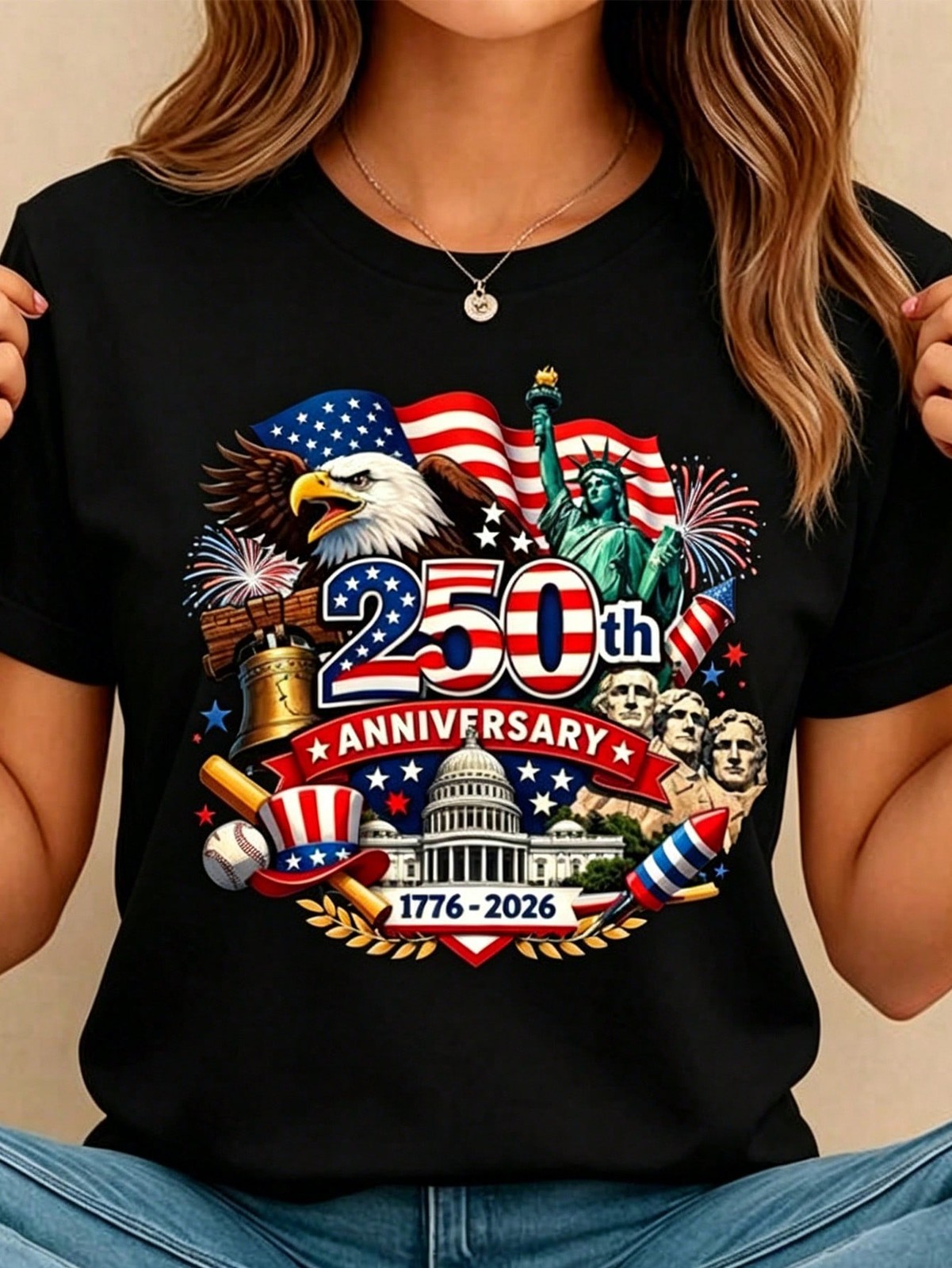 Women’s Crew Neck Summer Tee USA 250th Anniversary Patriotic Print Regular