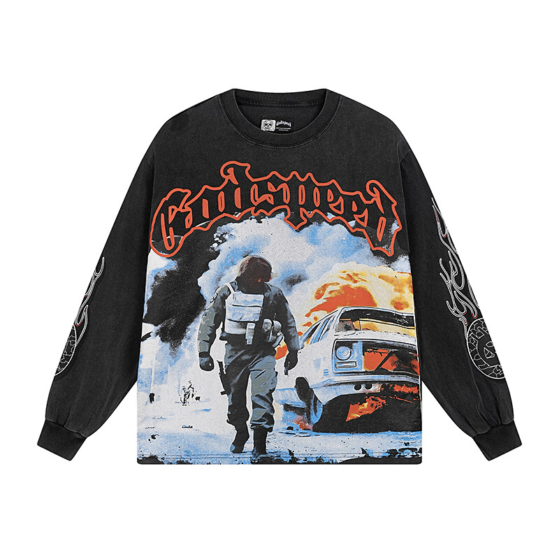 Mens NEW Godspeed Street retro Trendy print Tee Washed Long sleeved T-shirt
