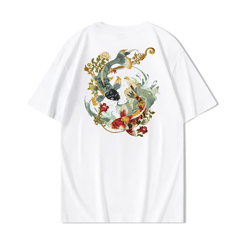 Men’s Vintage Koi Fish Embroidered T-Shirt Loose Fit Hip Hop Cotton Tee