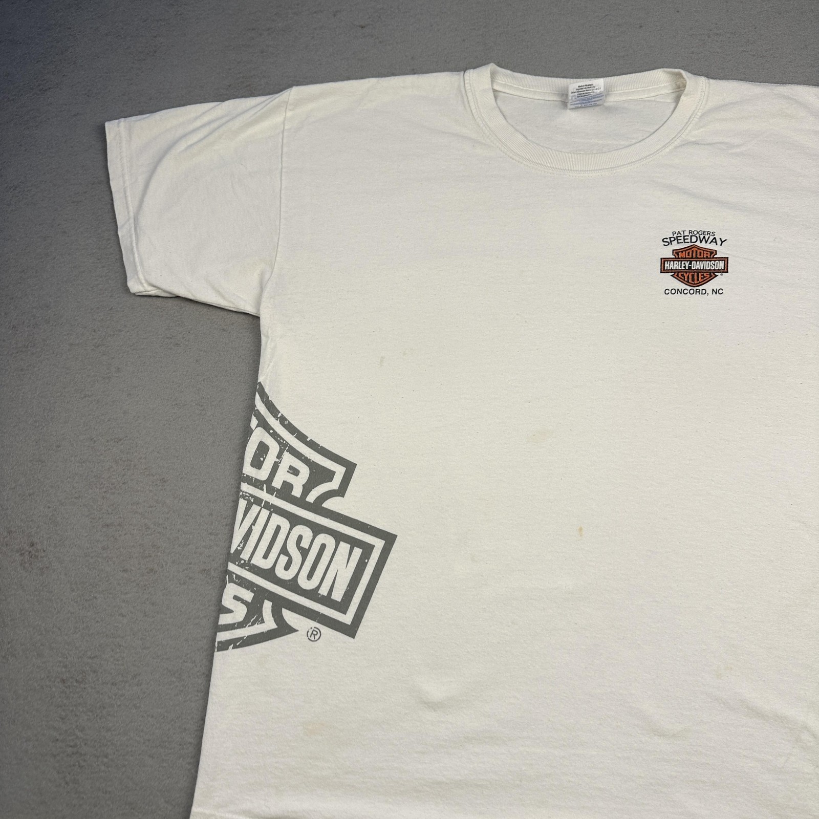Harley Davidson Speedway Shirt Mens Large White Pat Rogers Concord NC Logo