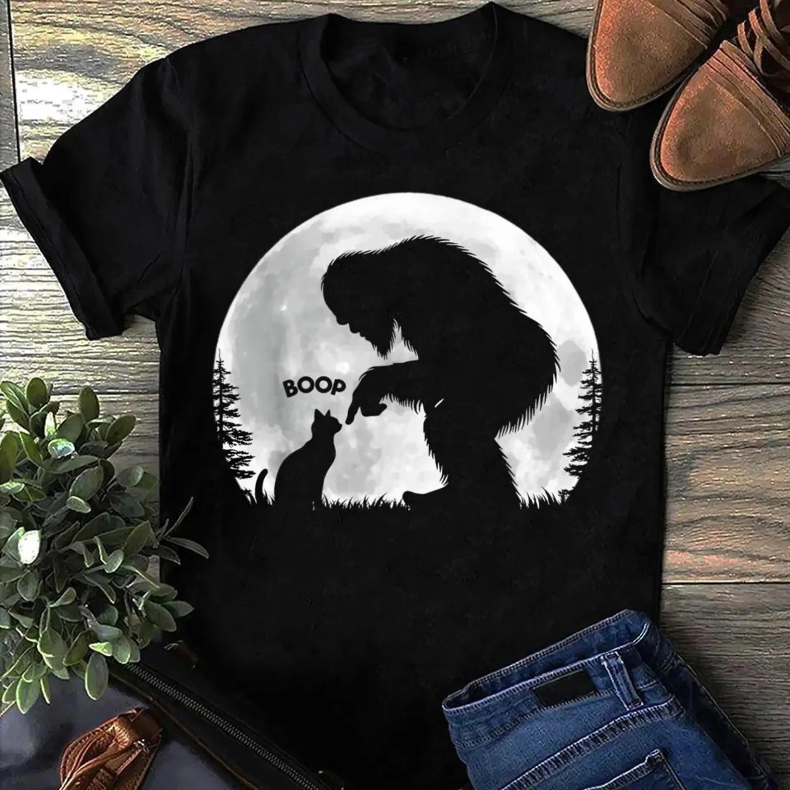 Funny Bigfoot Cat Boop Nose Shirt Full Moon Graphic Tee