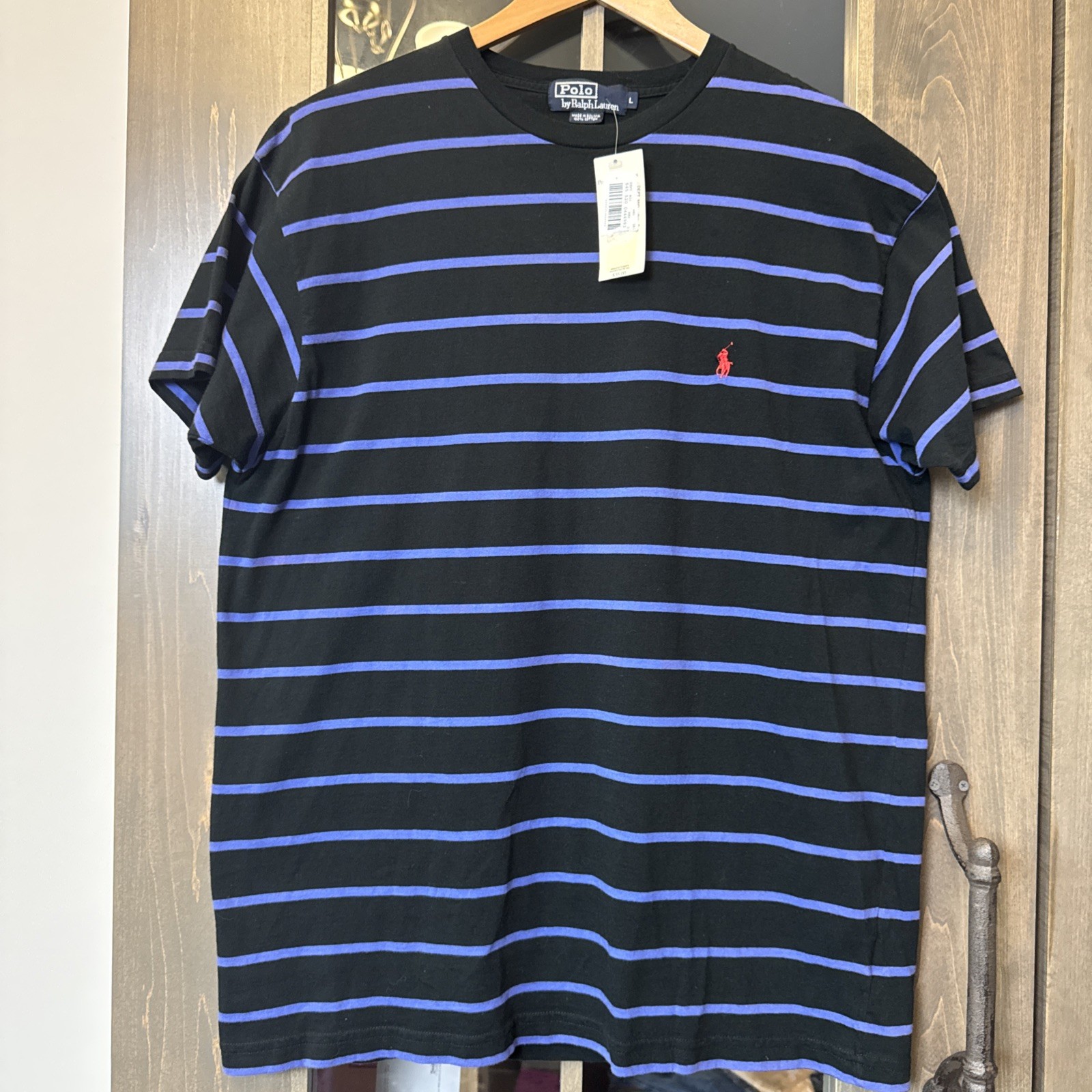 Vintage Polo Ralph Lauren Striped T-shirt Pony Logo 100% Cotton Mens L Blue 90s