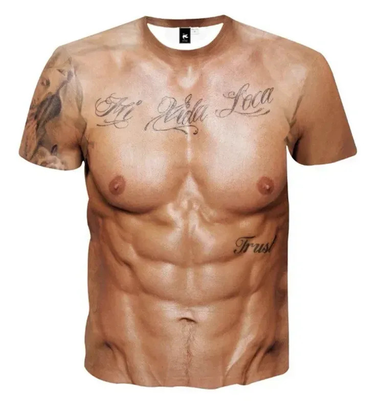 Muscle 3D T-shirt Muscle Tattoo Print T-shirt For Summer Beach Holiday Men Short