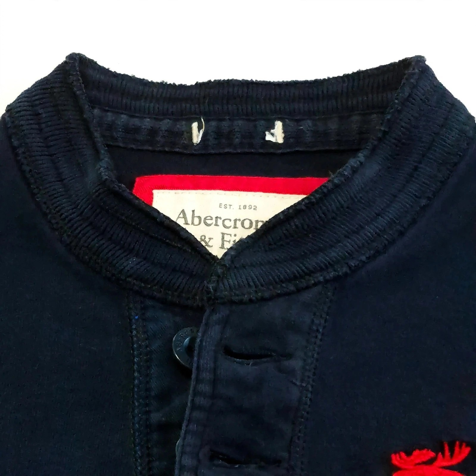 Abercrombie & Fitch Men Small Navy Blue Long Sleeve Henley Shirt Red Moose Logo