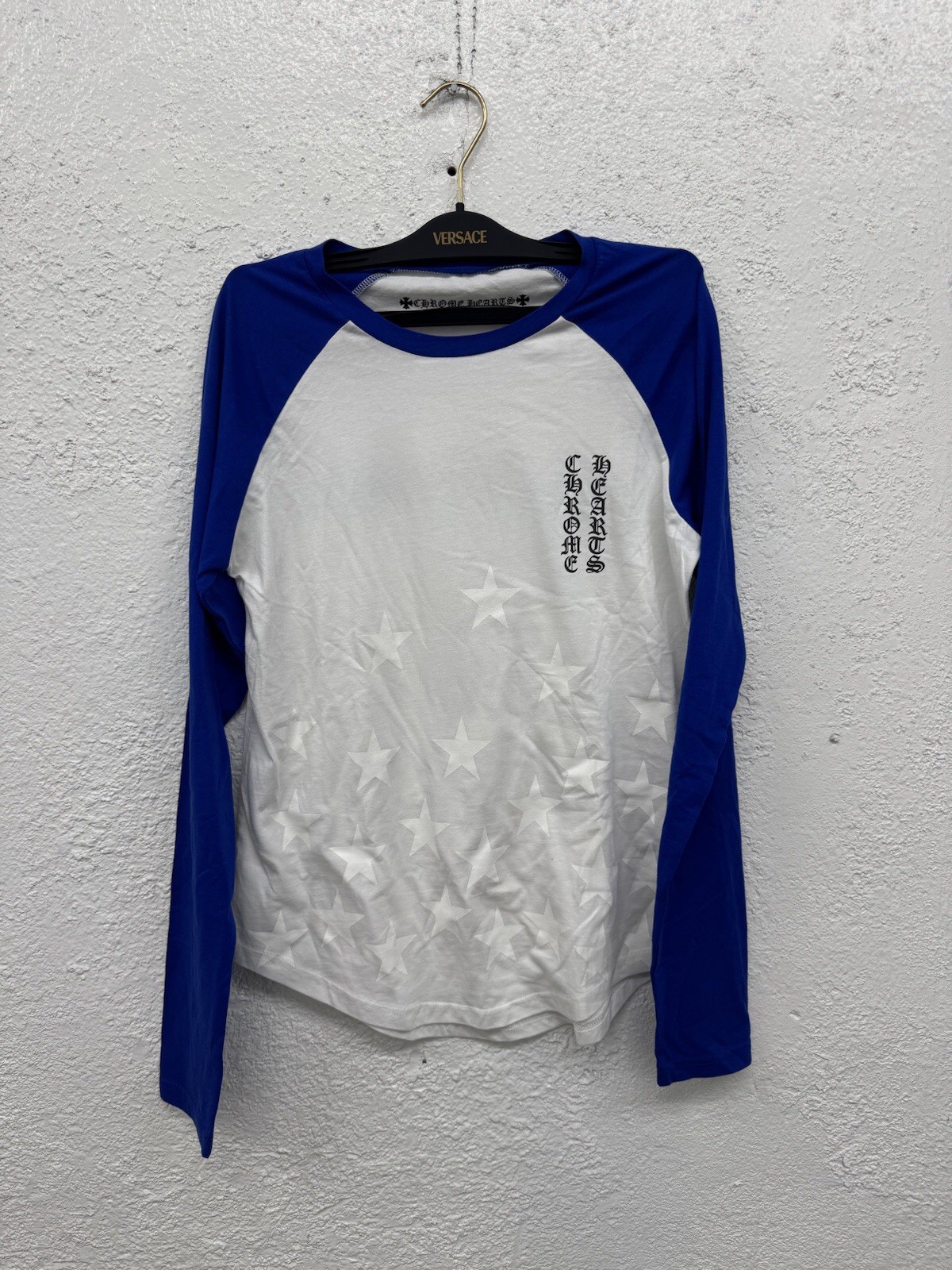 Chrome Hearts Scroll Logo Long Sleeve Baseball Tee Shirt White Blue Size S X3