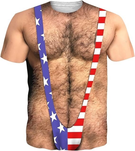 Funny USA Flag Borat Swimsuit T-Shirt 3D Hairy Chest Bikini Graphic Gag Gift Tee