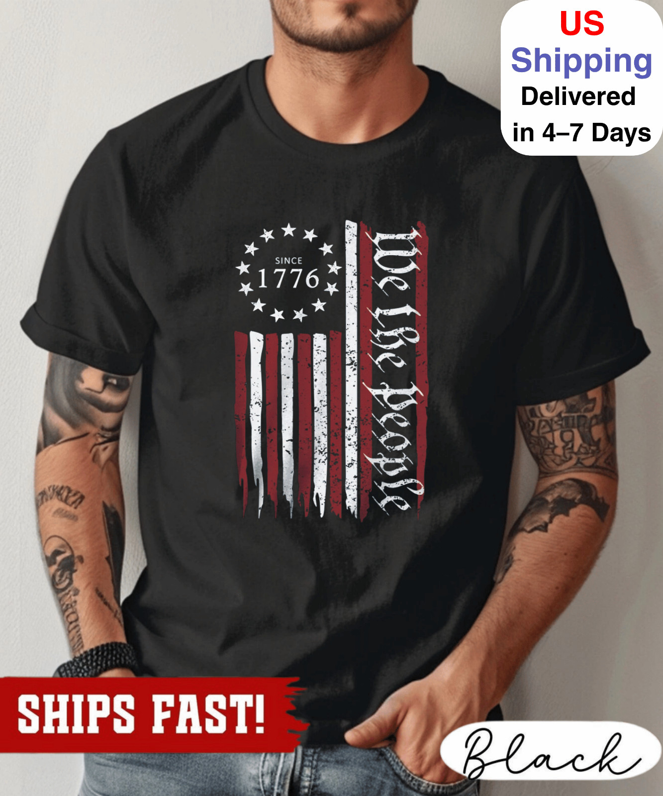 We the People 1776 American Flag T-shirt 4th of July Shirts, Vintage USA Flag T-