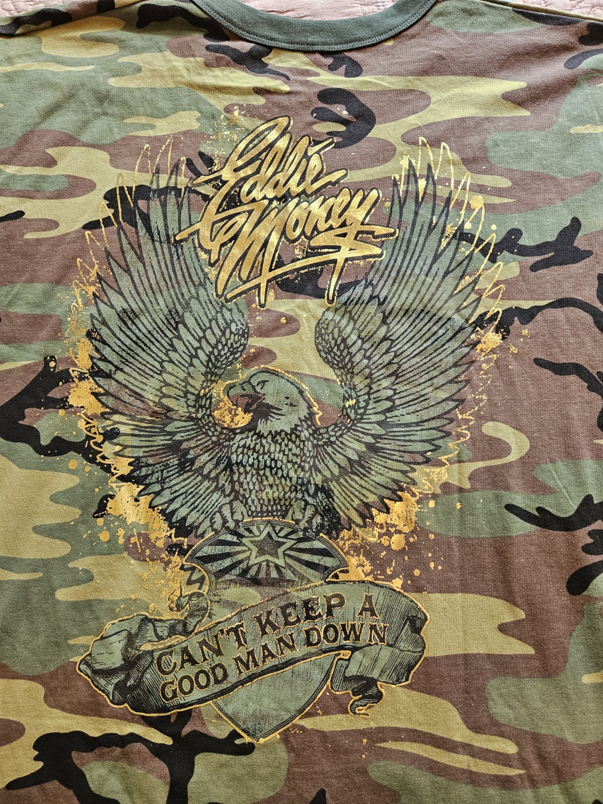 NWOT Eddie Money Men’s Camo Graphic T-Shirt “Can’t Keep A Good Man Down”, 2XL