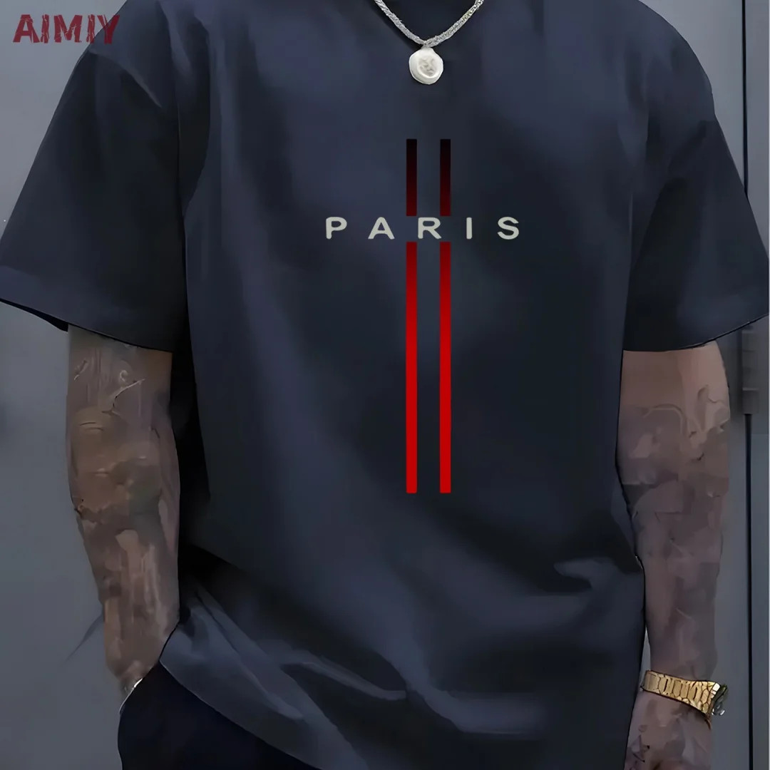 Summer Men’s T-shirt Top Casual Loose Fit Oversized T-shirt PARI Letter Pattern