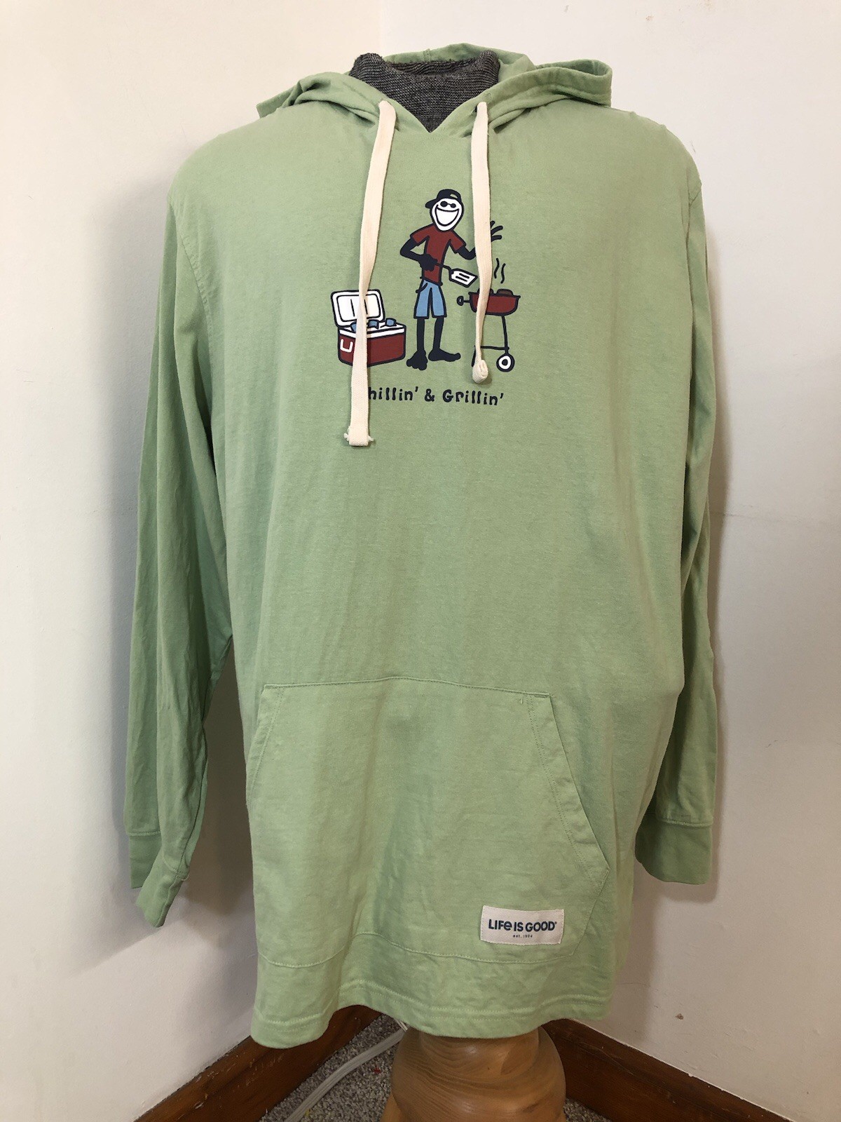 Life is Good Mens XL Longsleeved Hooded Tee Shirt Chillin Grillin Green Pouch