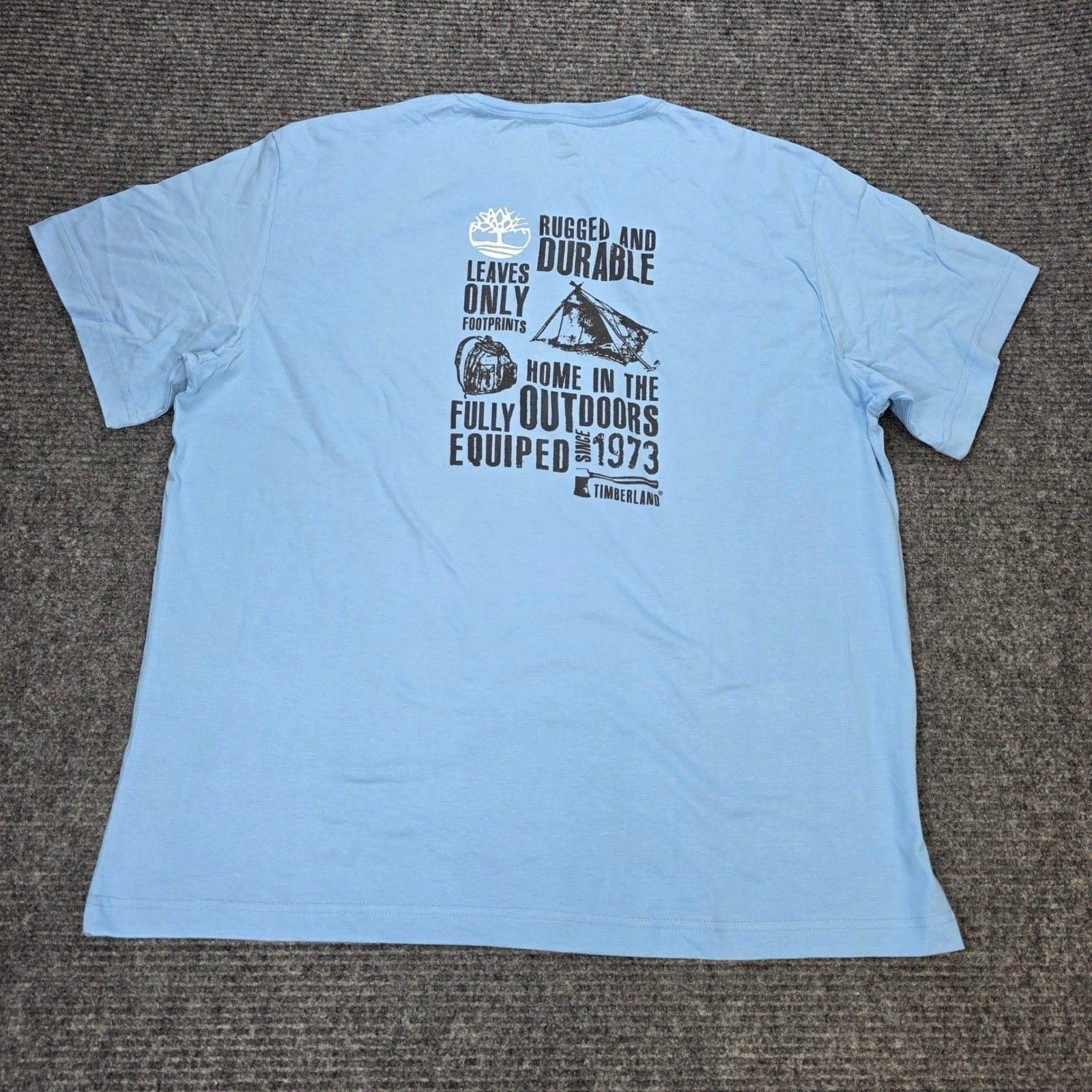 Timberland Tent Logo T-Shirt Men’s Size 2XL Light Blue Back Graphic Outdoors NEW