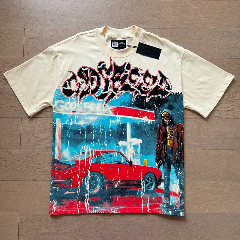 NEW Godspeed Rock Skeleton sports car print pattern Tee Washed Mens T-shirt