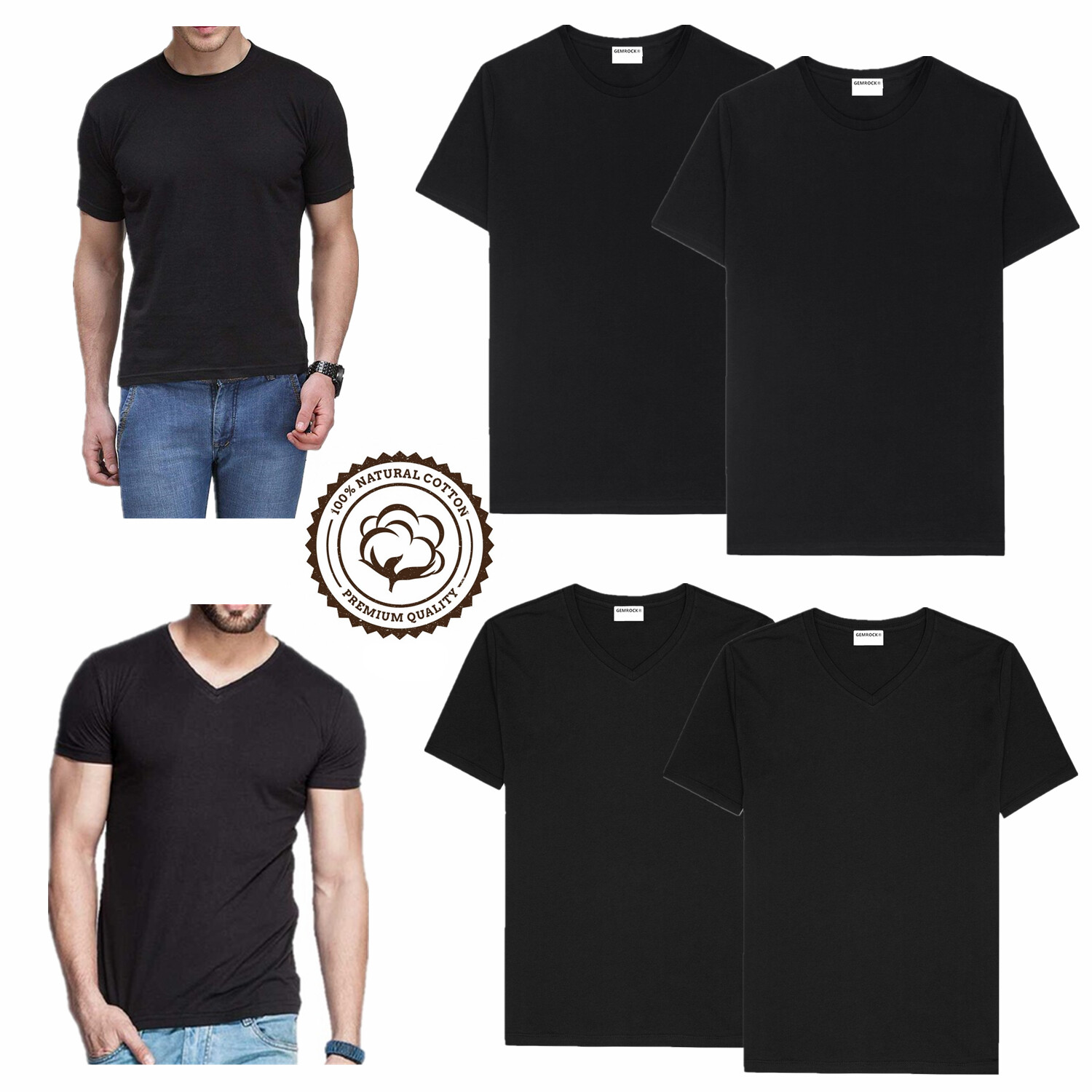 Mens 100% Cotton Thick Casual T-Shirt Black Short Sleeve Tee Crew Neck V-Neck