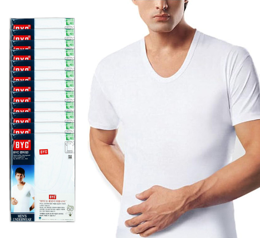 BYC Men’s 100% Cotton Classic Fit White Undershirts U-Neck T-Shirts Pack of 12