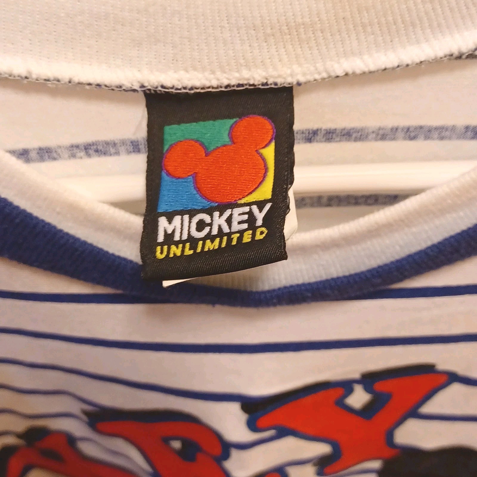 Vintage Disney Mickey Mouse Unlimited T Shirt Blue White Striped 90’s Y2K 2X USA