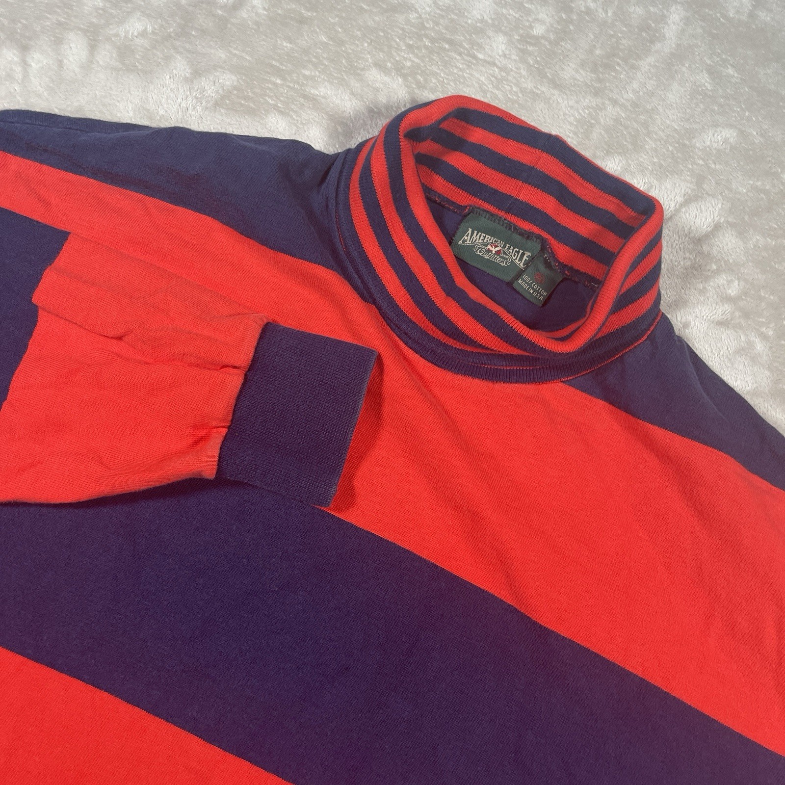 VINTAGE 80s American Eagle Long Sleeve Rugby Red/Blue Striped Turtleneck Mens XL