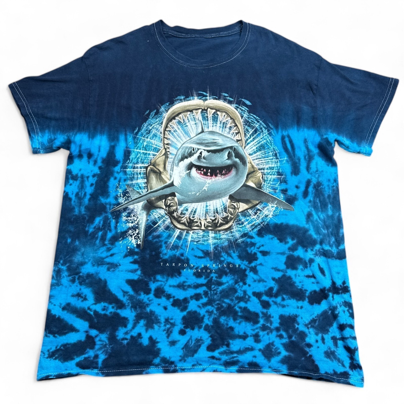 Great White Shark Tee Shirt Adult Size XL Blue Tie Dye Vintage Style Nature