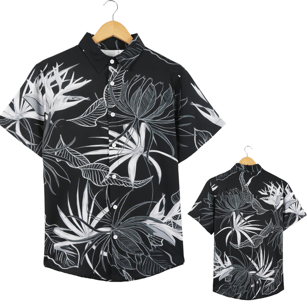 Button Down Shirts Men Black White Hawaiian Dress Short Sleeve Party Up Soft Tee