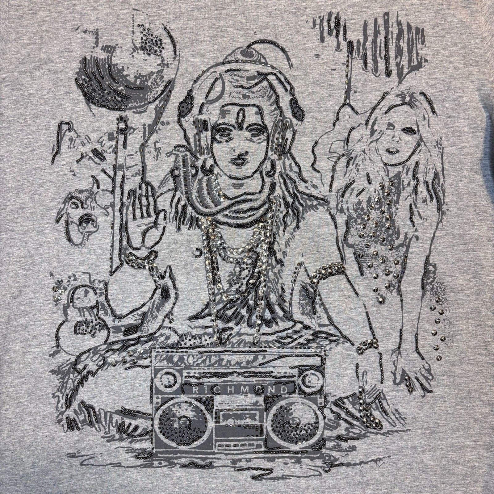 John Richmond Graphic Tee Beaded Embellished Shiva Boombox DJ Streetwear Y2K