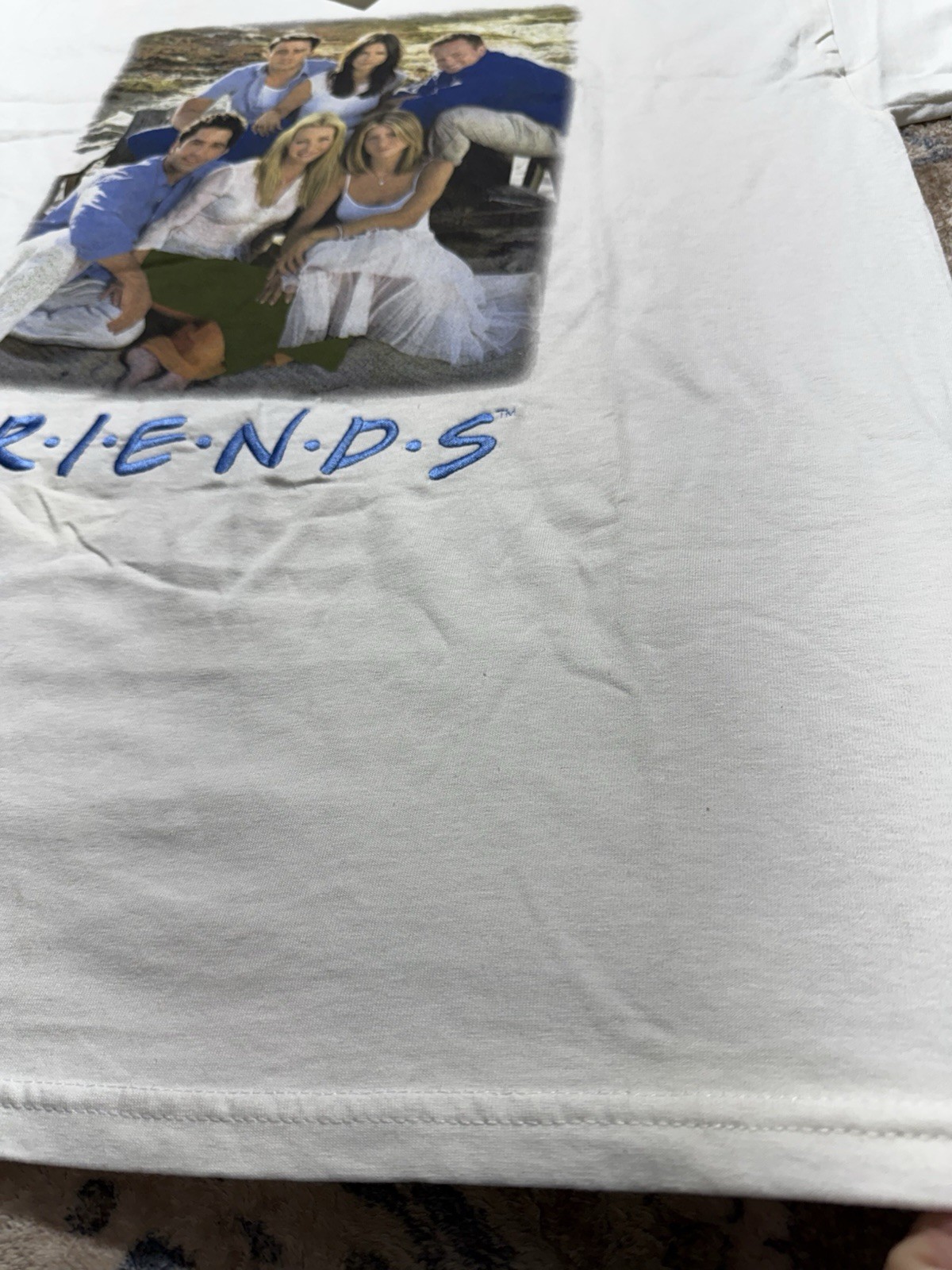VTG 04” NBC Store FRIENDS Embroidered Logo TV Show Cast White T-Shirt Sz XL NWT