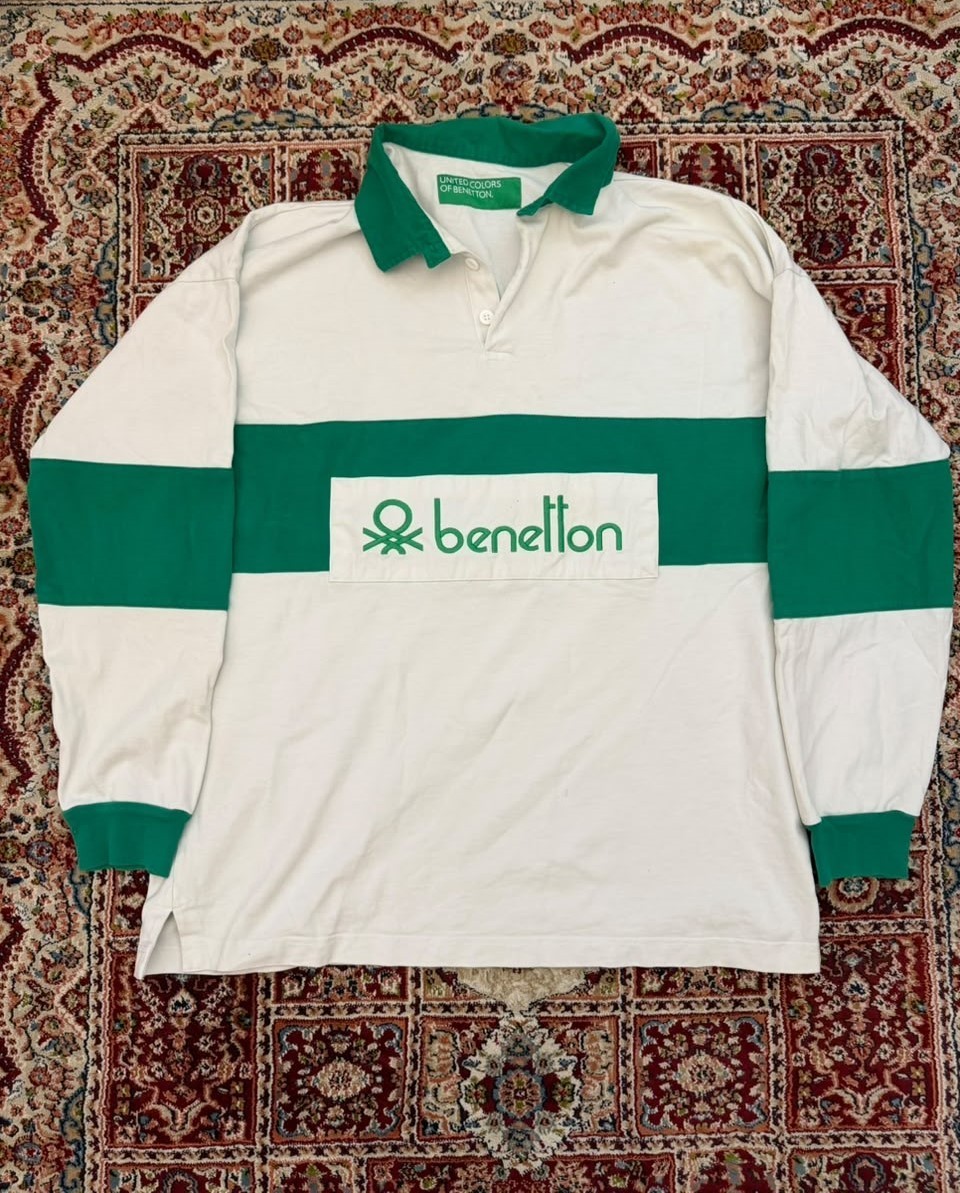 Vintage United Colors Of Benetton T-shirt Men XL Long Sleeve Green White Narcos