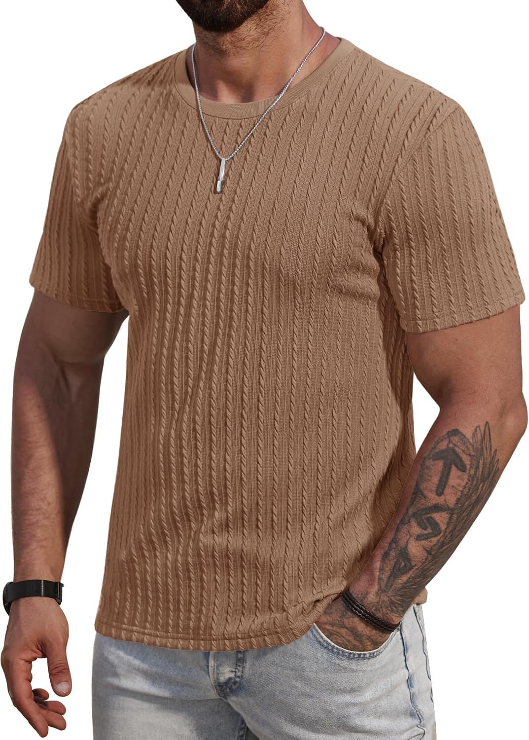 Men’s Slim Fit Textured Knit Short Sleeve Shirt Stretch Ribbed Crewneck Tee S-XX