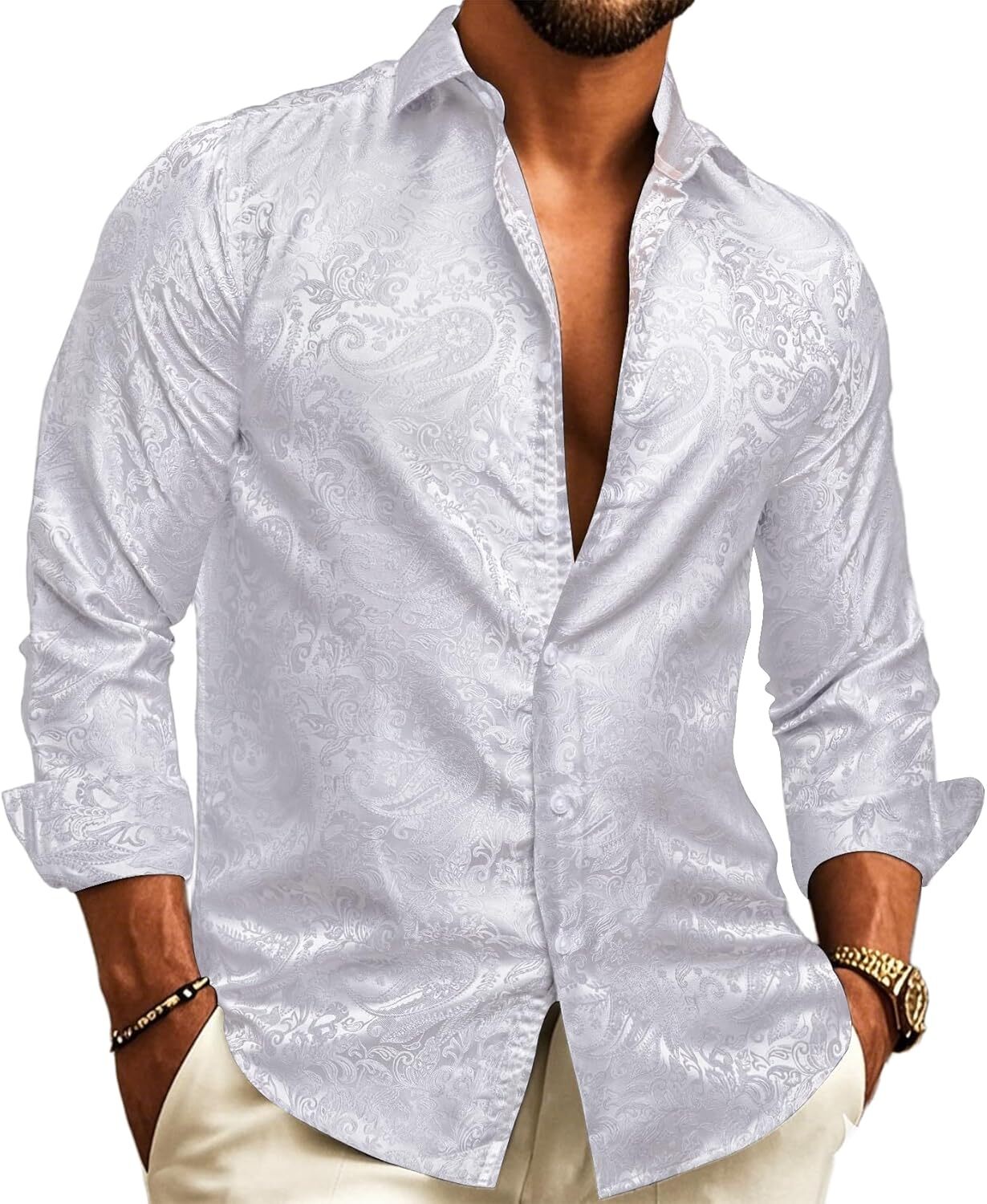 Mens Silk Paisley Western Shirt Long Sleeve Button Down Cowboy Dress Top Casual