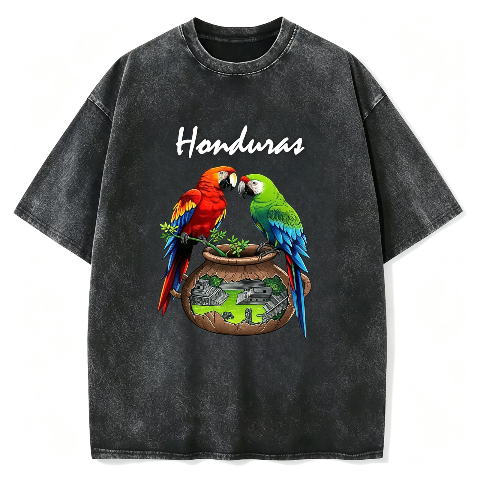Honduras Parrot Travel Graphic Tee Tropical Island Washed Black Unisex T-Shirt
