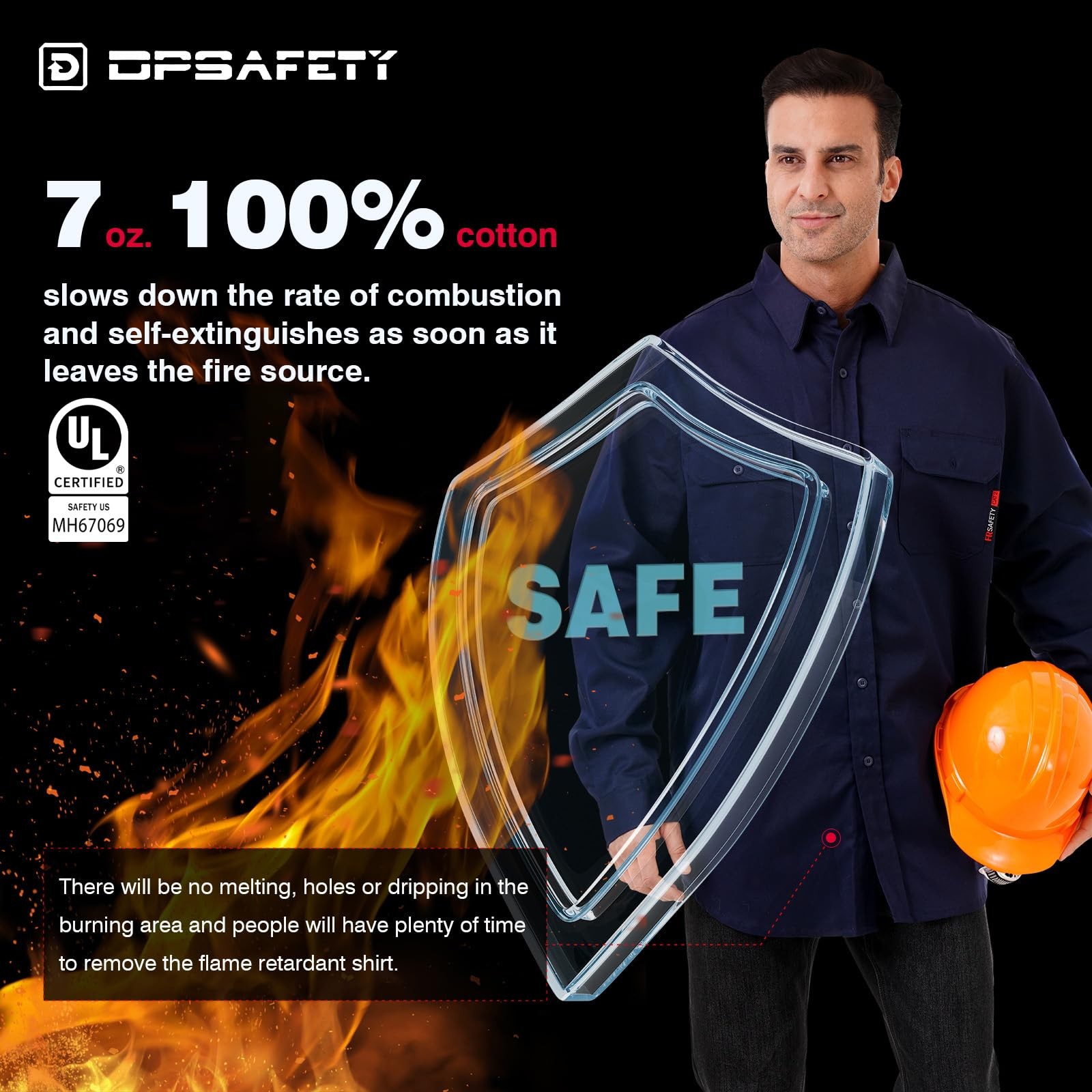 Men FR Shirt 7oz Fire Resistant CAT2 Welding 100% Cotton Navy 2XLarge
