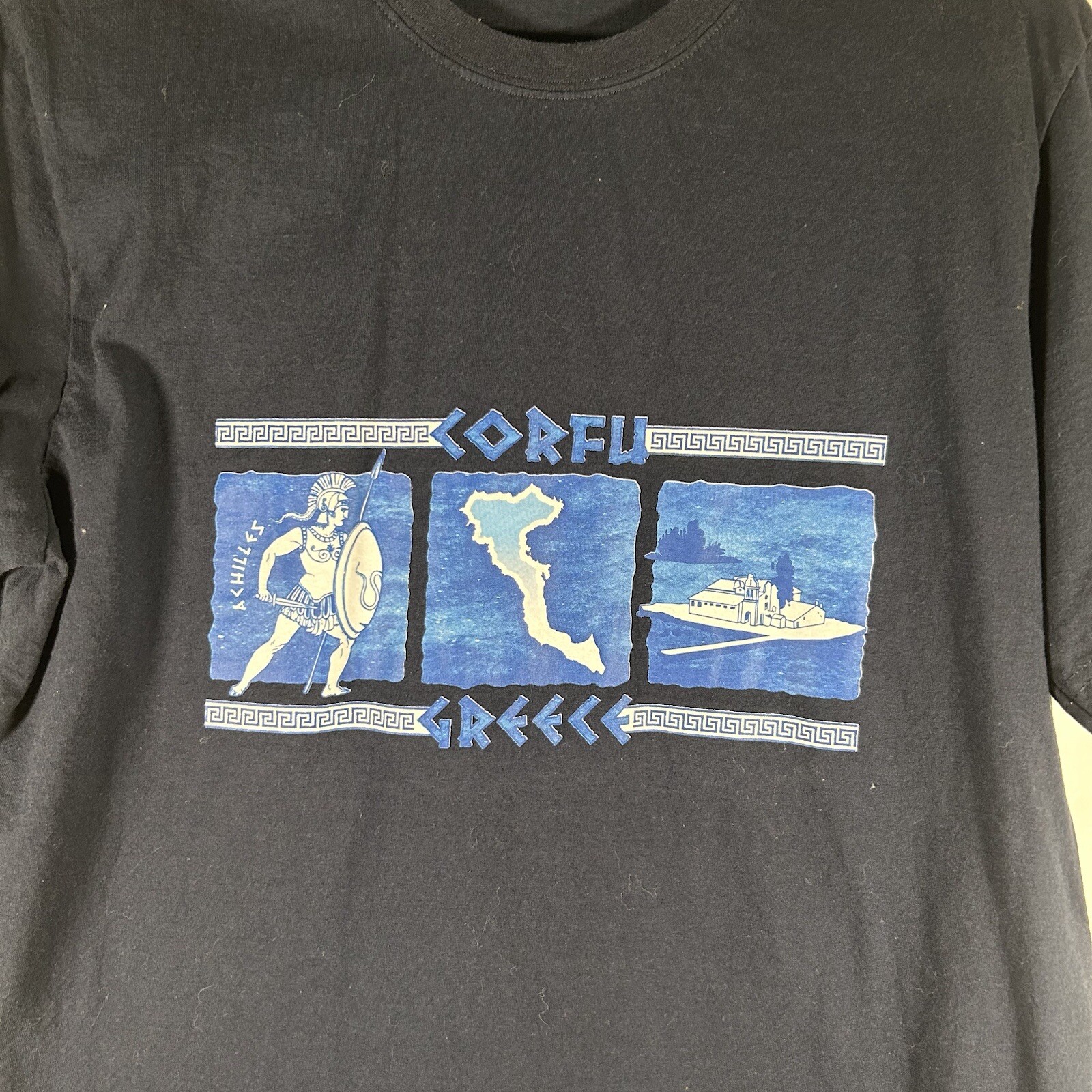 Corfu Greece Shirt Men’s Large Navy Blue Achilles Print Crew Neck Short Sleeve