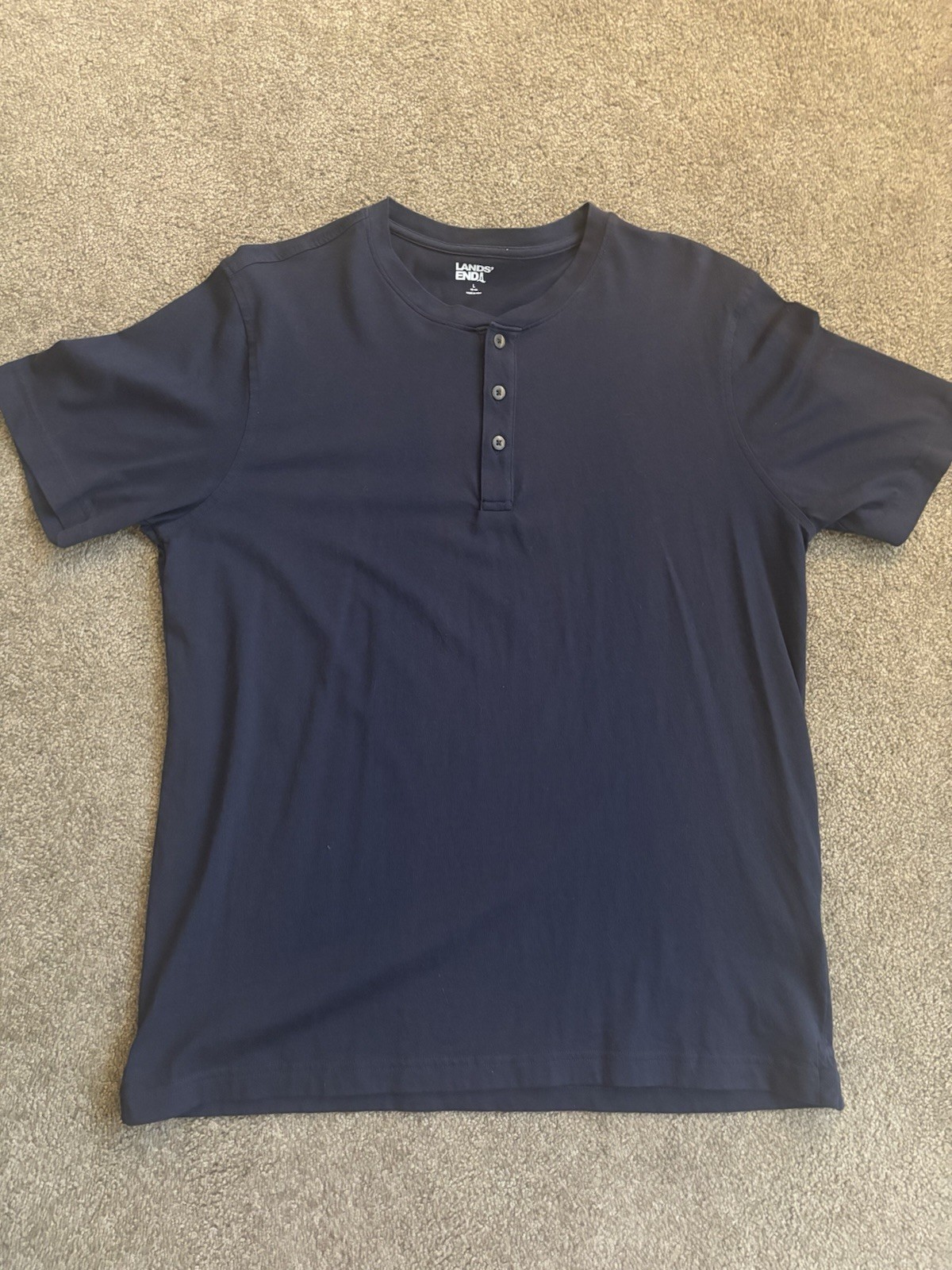 Lands’ End Men’s Navy Blue Henley Short Sleeve Cotton T-Shirt L Button Accent