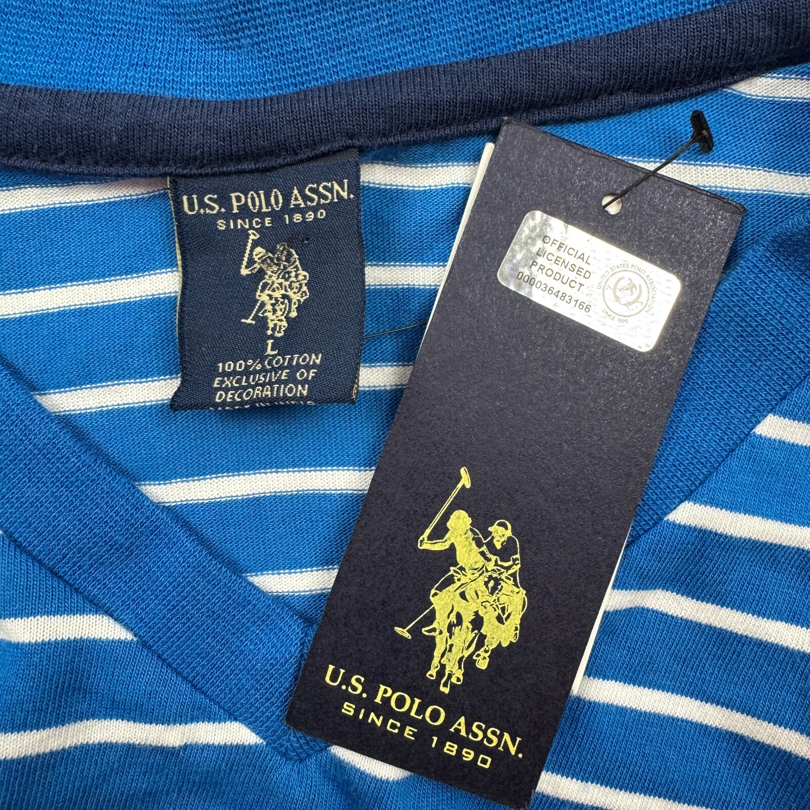 NWT U.S Polo Assn. Classic Fit Blue Striped Cotton Casual V-Neck T-Shirt Size L