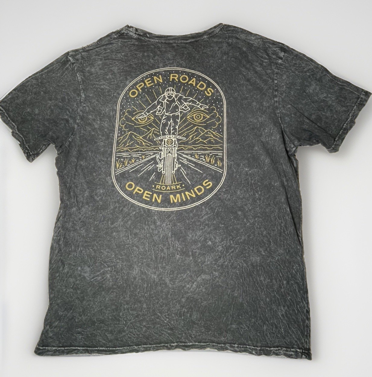 Roark Mens L “Open Roads Open Minds” Graphic Distressed Acid Moto Black T-Shirt