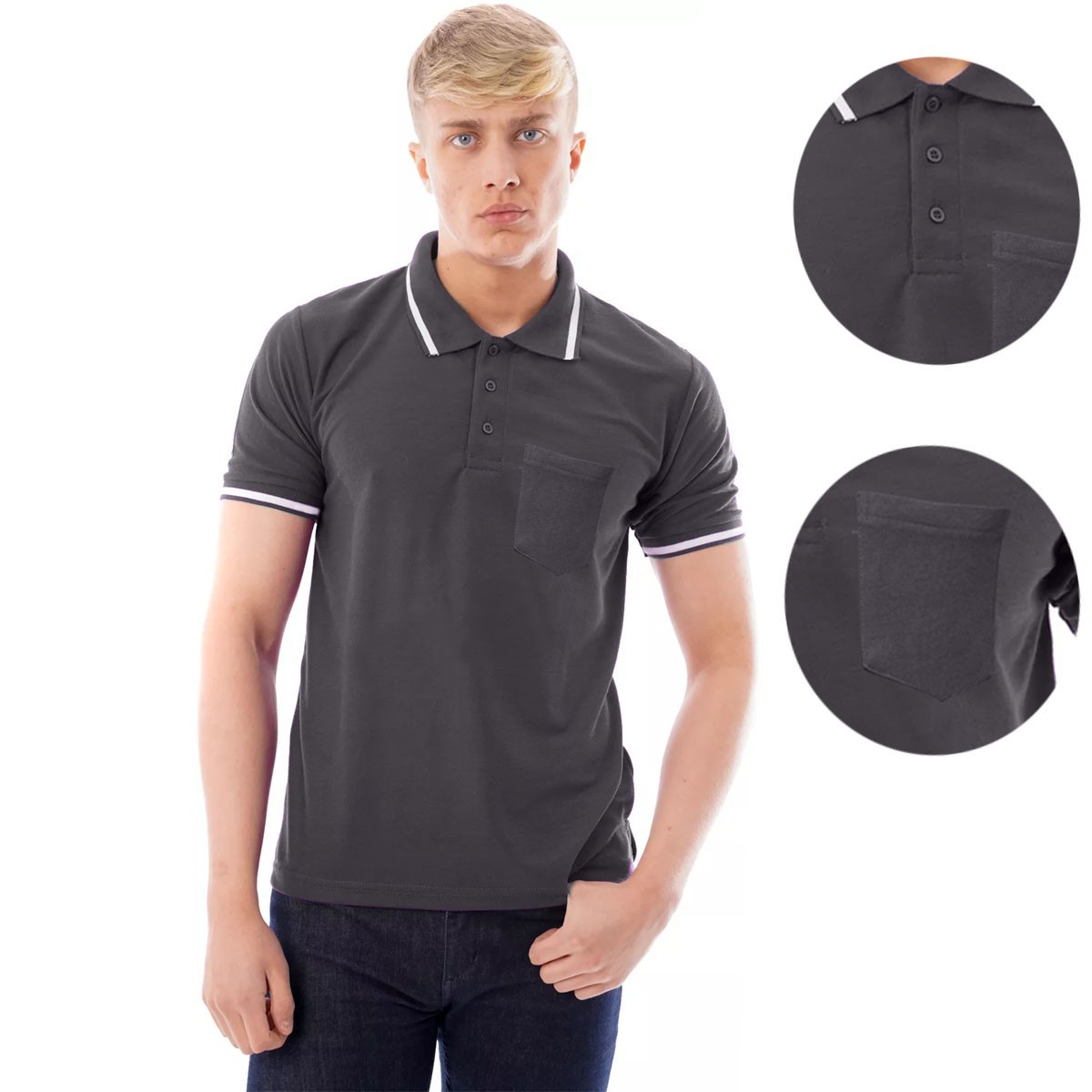 Men’s Polo Short Sleeve Pique Plain Single Tipping Chest Pocket Casual Tee Top
