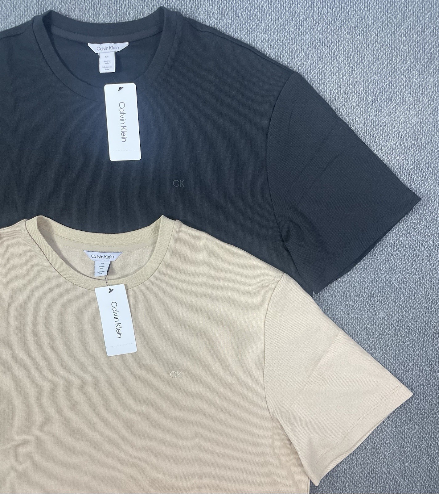 Calvin Klein Men’s Lot of 2 Size LARGE Black & Tan Waffle Tees NWT