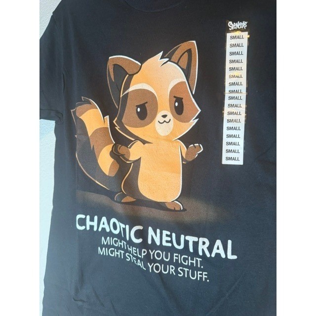 TeeTurtle Chaotic Neutral Raccoon Graphic T-Shirt Black Mens Small Spencers NEW