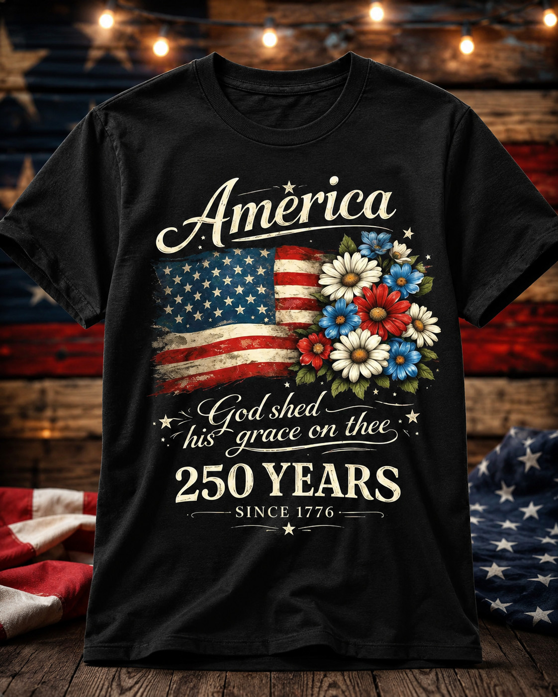 250th Anniversary Flag Floral USA Flag Patriotic 4th of July T-Shirt